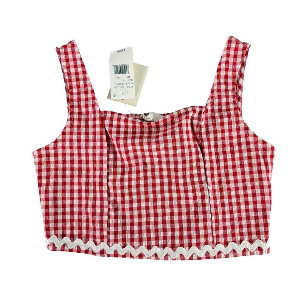Honey & Sparkle Girls L Red White Gingham Smocked Ric Rac Crop Tank Top NWT